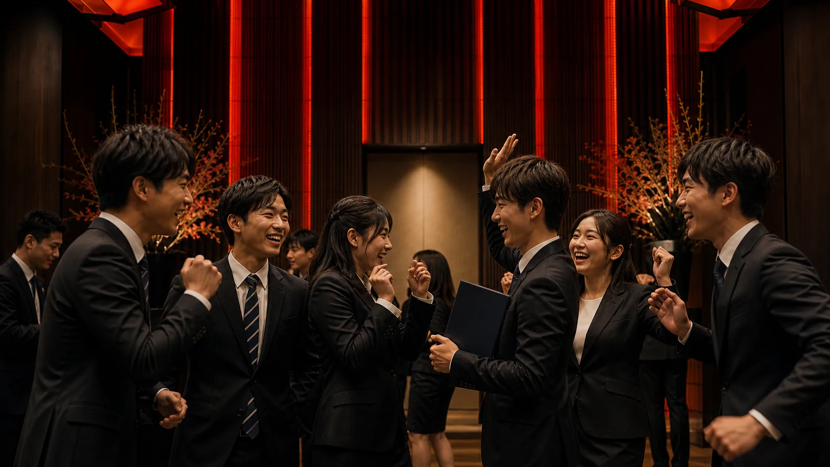 New graduates celebrating together at a corporate event in Japan